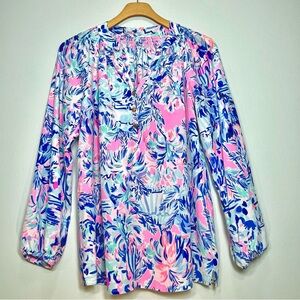 LILLY PULITZER Elsa Blouse Cabana Cocktail 100% Silk Size Small SEE MEASUREMENTS
